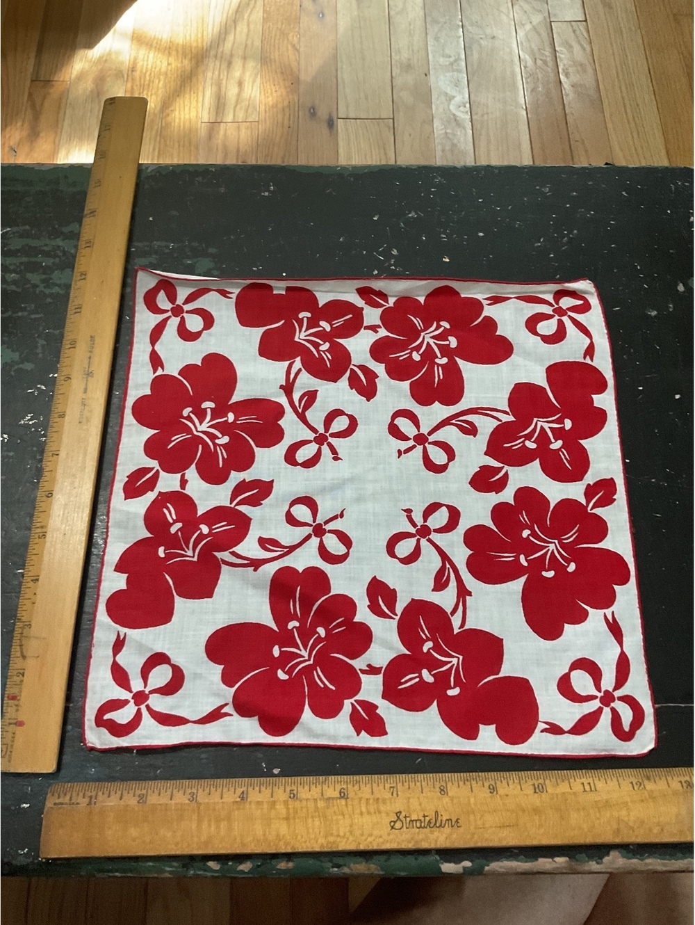 Vintage Floral Red and White Cotton Handkerchief